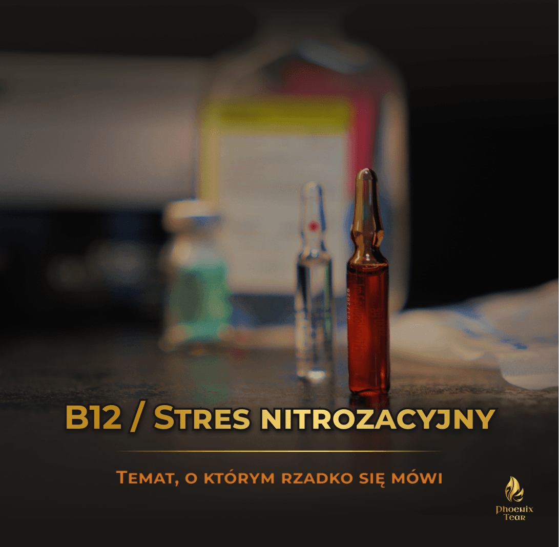 Ampułka witaminy B12 na pierwszym planie symbolizująca temat stresu nitrozacyjnego i procesów komórkowych.